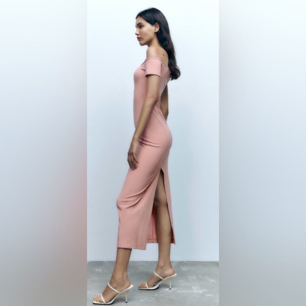 Zara - Top Stitched Midi Dress | Short Sleeve/Off The Shoulder - Pale Pink | NWT